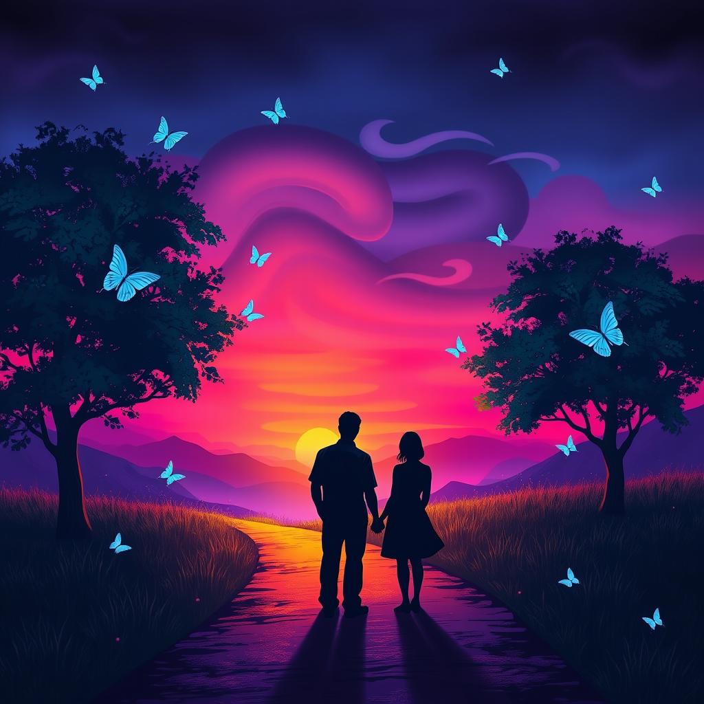 A serene pathway winds through a vibrant landscape, illuminated by a magical twilight palette of rich, vibrant colors