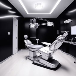 A chic dental unit showcasing a dazzling silver dental chair, gleaming white floor, and contrasting black walls. The space exudes a modern and professional vibe and is equipped with the latest in dental technology.