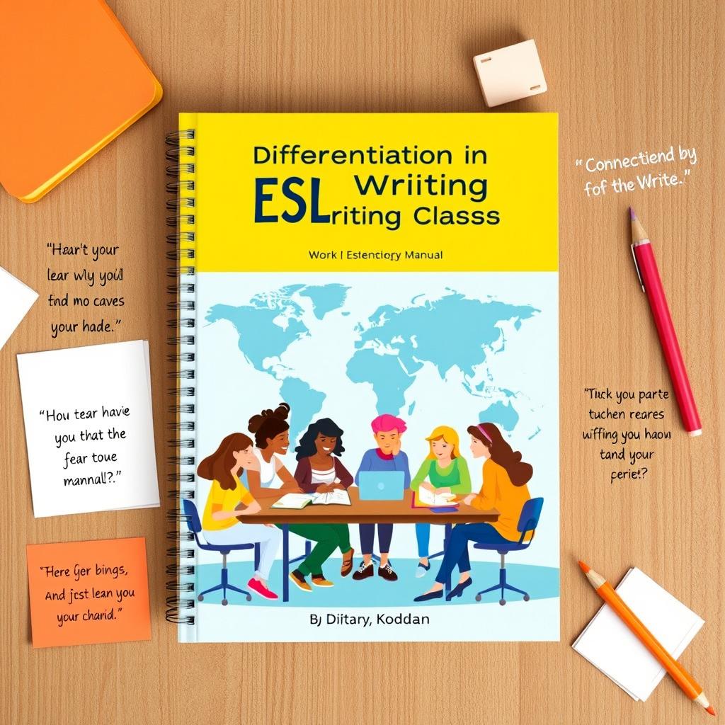 A visually engaging cover design for an ESL writing class manual, featuring vibrant colors and an inviting layout