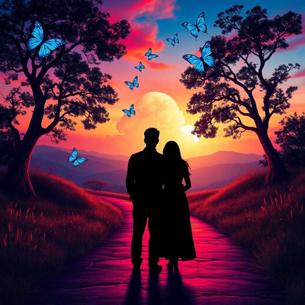 A serene pathway winds through a vibrant landscape illuminated by rich, vibrant colors, suggesting a magical twilight