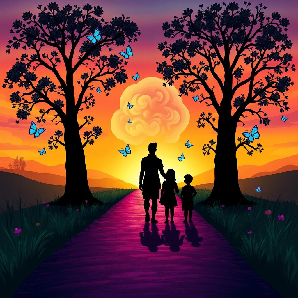 A serene pathway winds through a vibrant landscape, illuminated by a palette of rich vibrant colors, suggesting a magical twilight