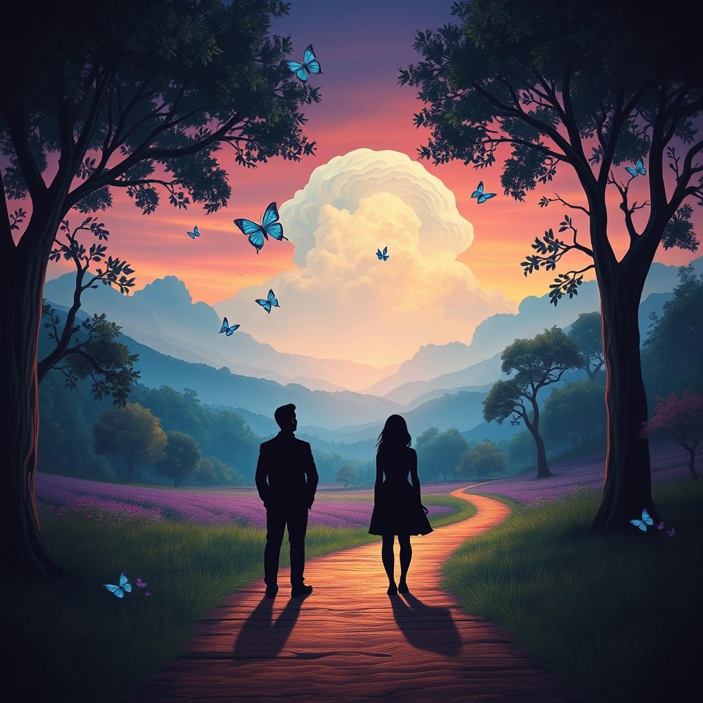A serene pathway winds through a vibrant landscape, illuminated by a palette of rich vibrant colors that suggest a magical twilight atmosphere