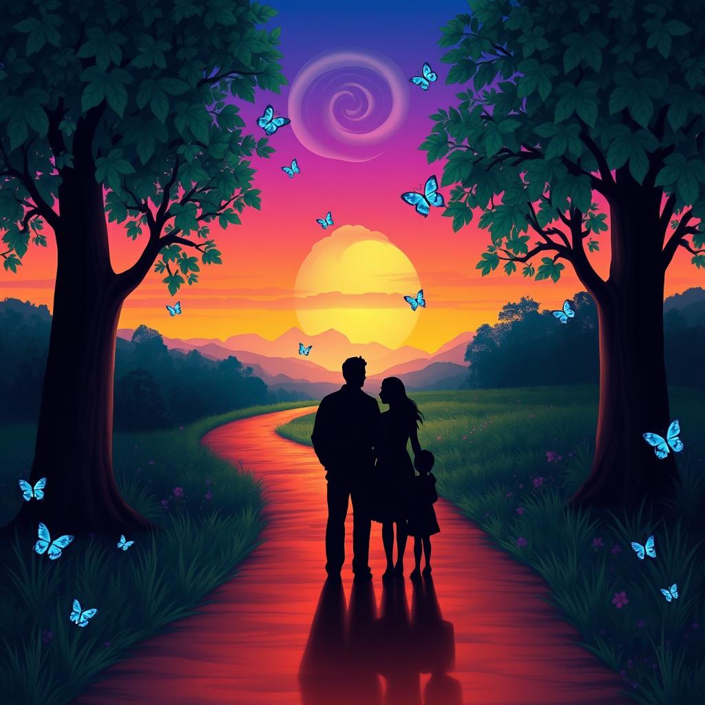 A serene pathway winds through a vibrant landscape, illuminated by a palette of rich, vibrant colors suggesting a magical twilight