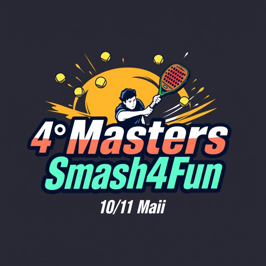A vibrant logo design for a padel event featuring the words '4° Masters Smash4Fun' prominently displayed, accompanied by the date '10/11 Maio' in a stylish font