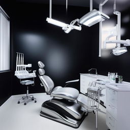 A chic dental unit showcasing a dazzling silver dental chair, gleaming white floor, and contrasting black walls. The space exudes a modern and professional vibe and is equipped with the latest in dental technology.