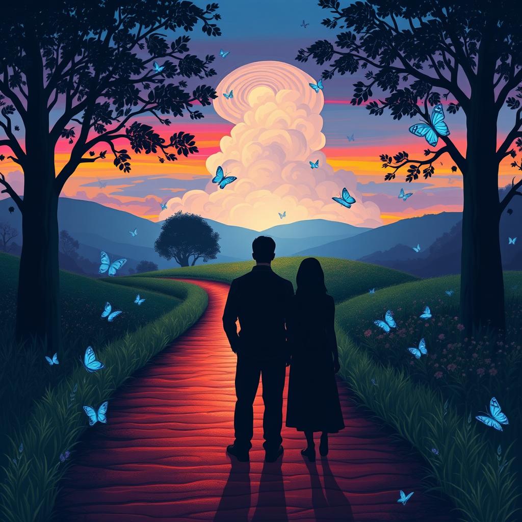 A serene pathway winds through a vibrant landscape, illuminated by a palette of rich vibrant colors, suggesting a magical twilight