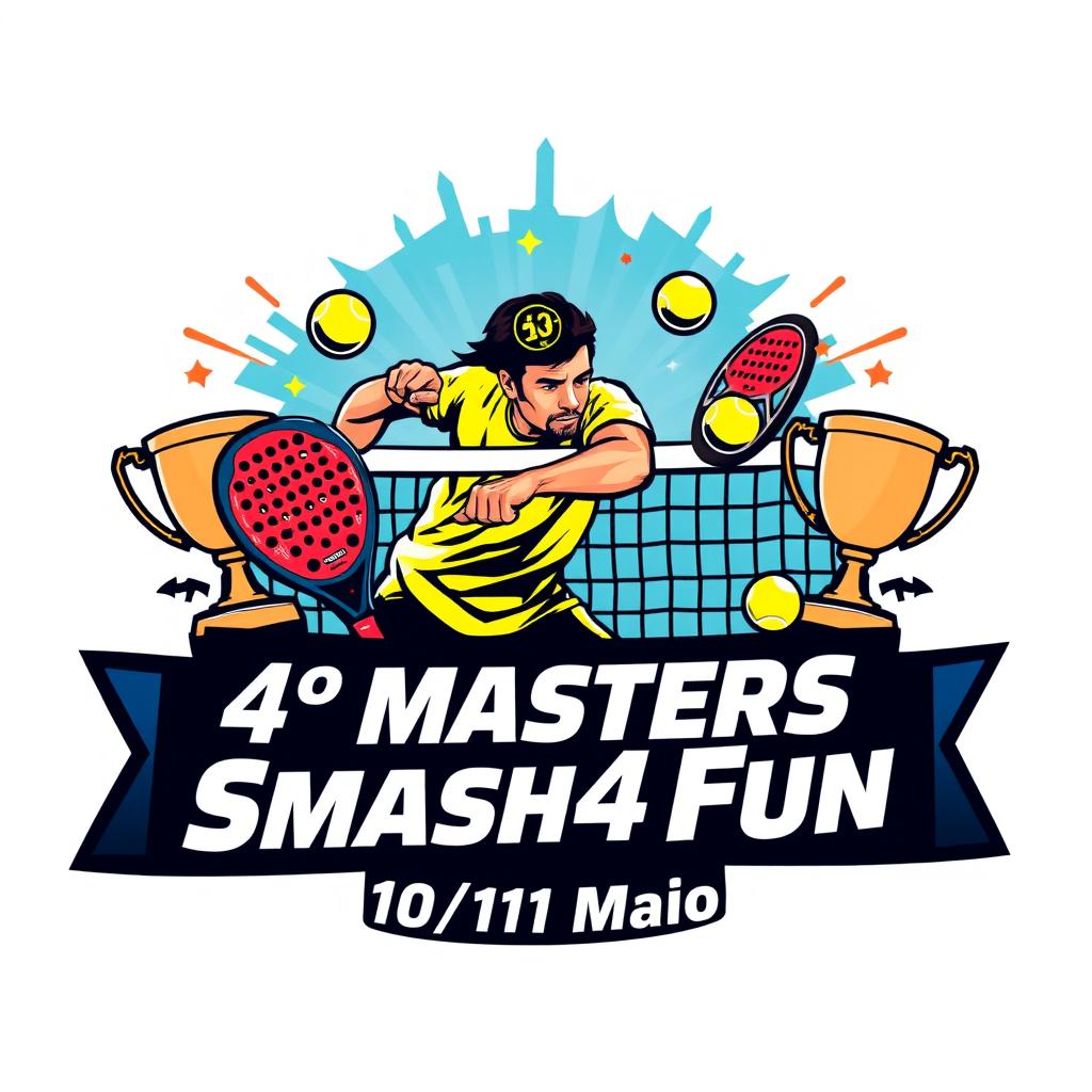 A dynamic logo design for a padel event featuring the text '4° Masters Smash4Fun' and the date '10/11 Maio'