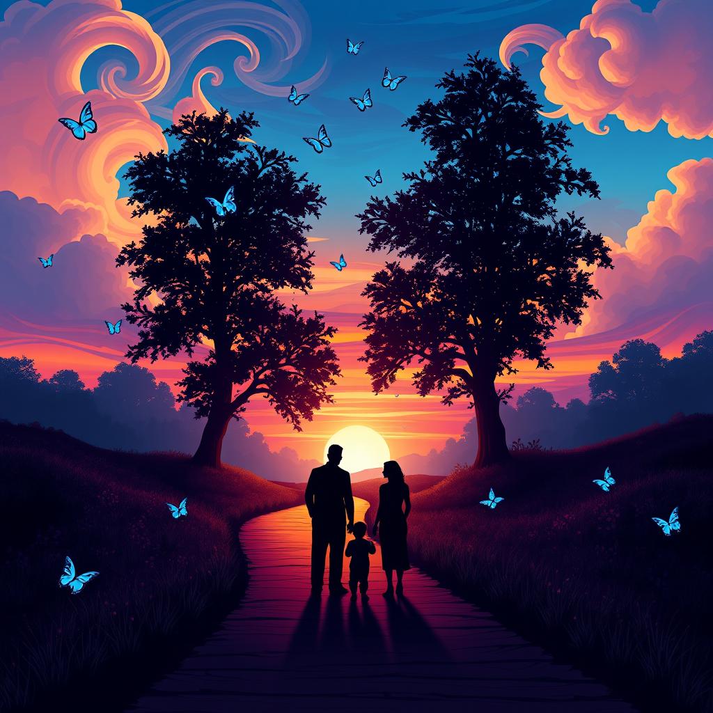 A serene pathway winding through a vibrant landscape, illuminated by rich vibrant colors suggesting a magical twilight