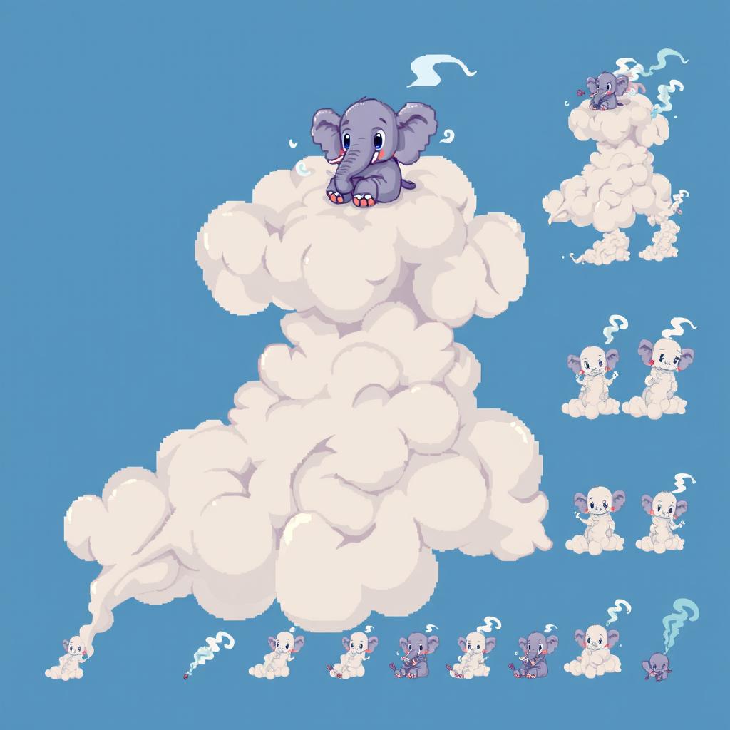 A pixel art spritesheet featuring a whimsical scene of a cloud of smoke with an elephant perched on top