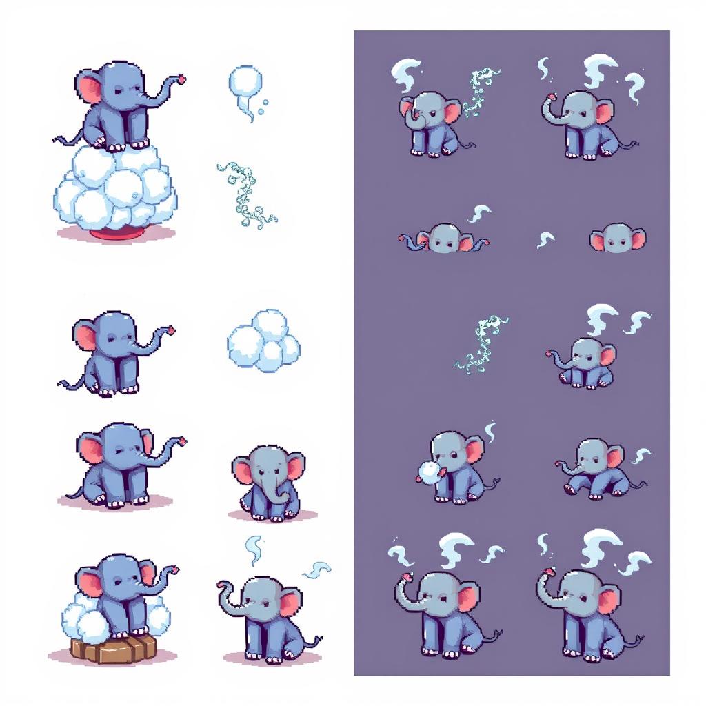 A vibrant pixel art spritesheet featuring a fluffy cloud of smoke with an elephant sitting on top of it