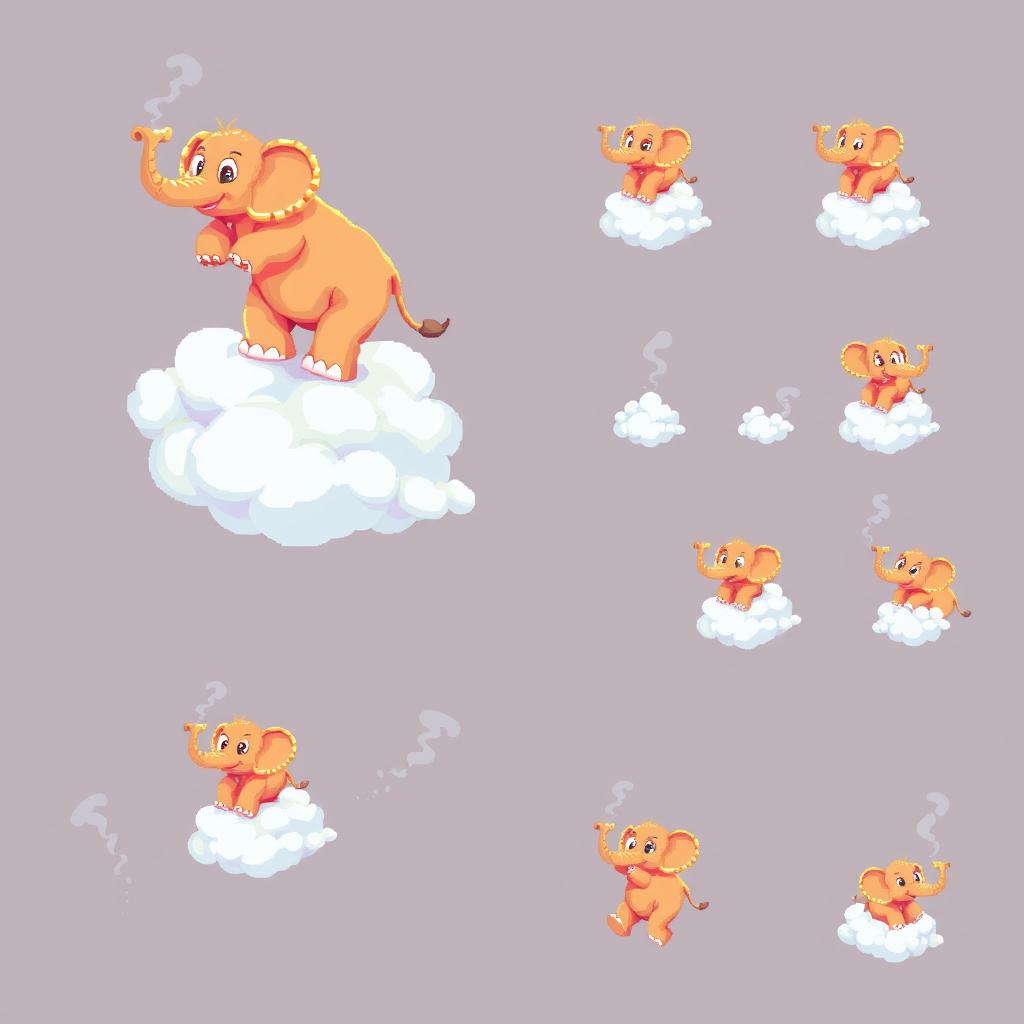 A pixel art spritesheet featuring a large, whimsical elephant perched atop a fluffy cloud of smoke