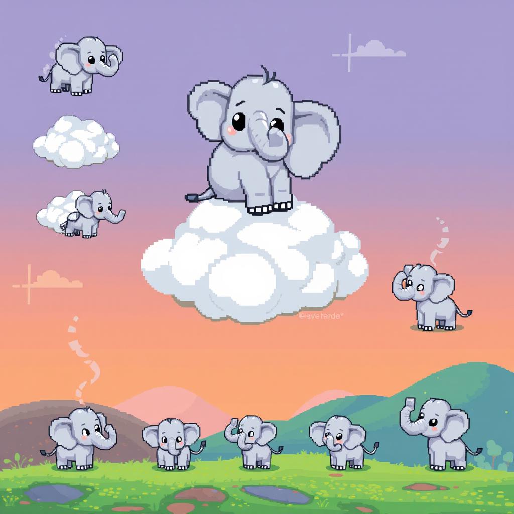 A pixel art spritesheet featuring an elephant perched atop a whimsical cloud of smoke