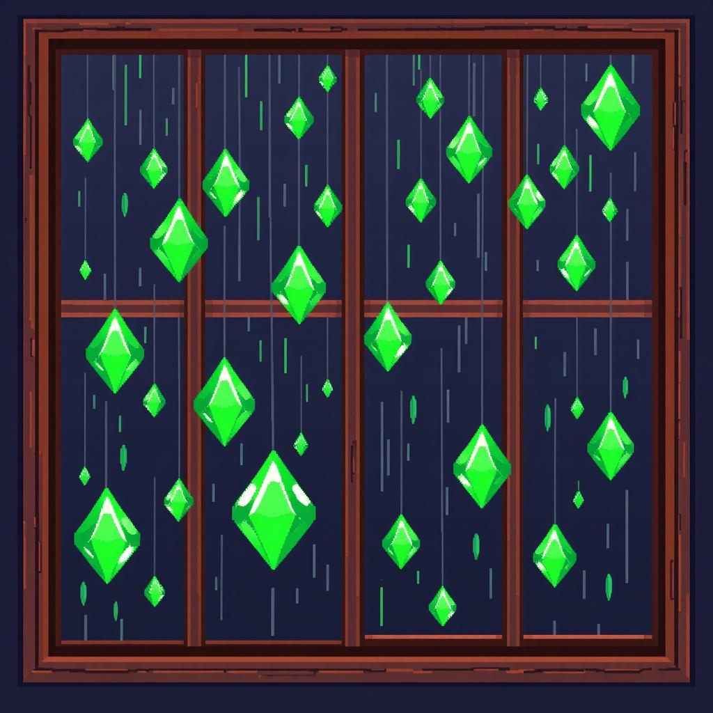 A pixel art spritesheet featuring multiple frames of a window or glass pane with lush green diamond-shaped raindrops falling against a dark background