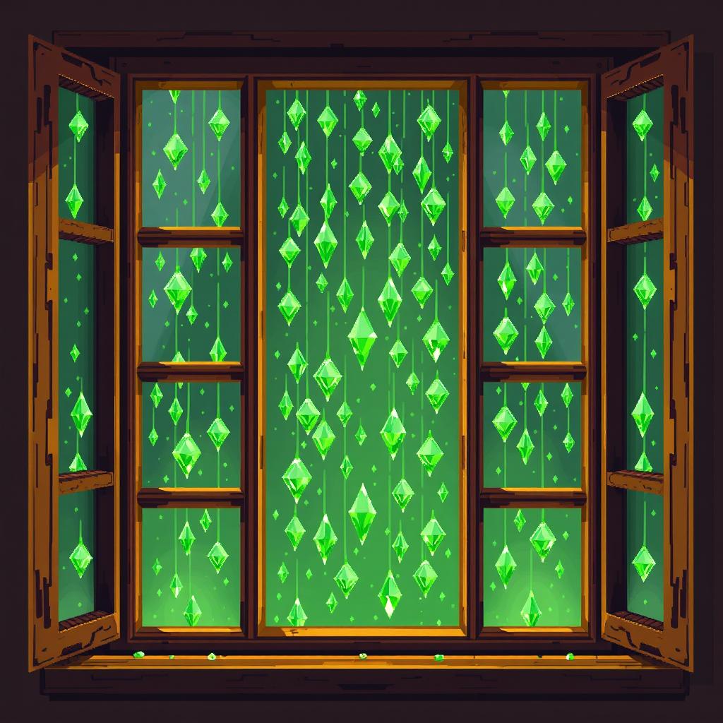 A pixel art spritesheet featuring a window with rain made of sparkling green diamonds