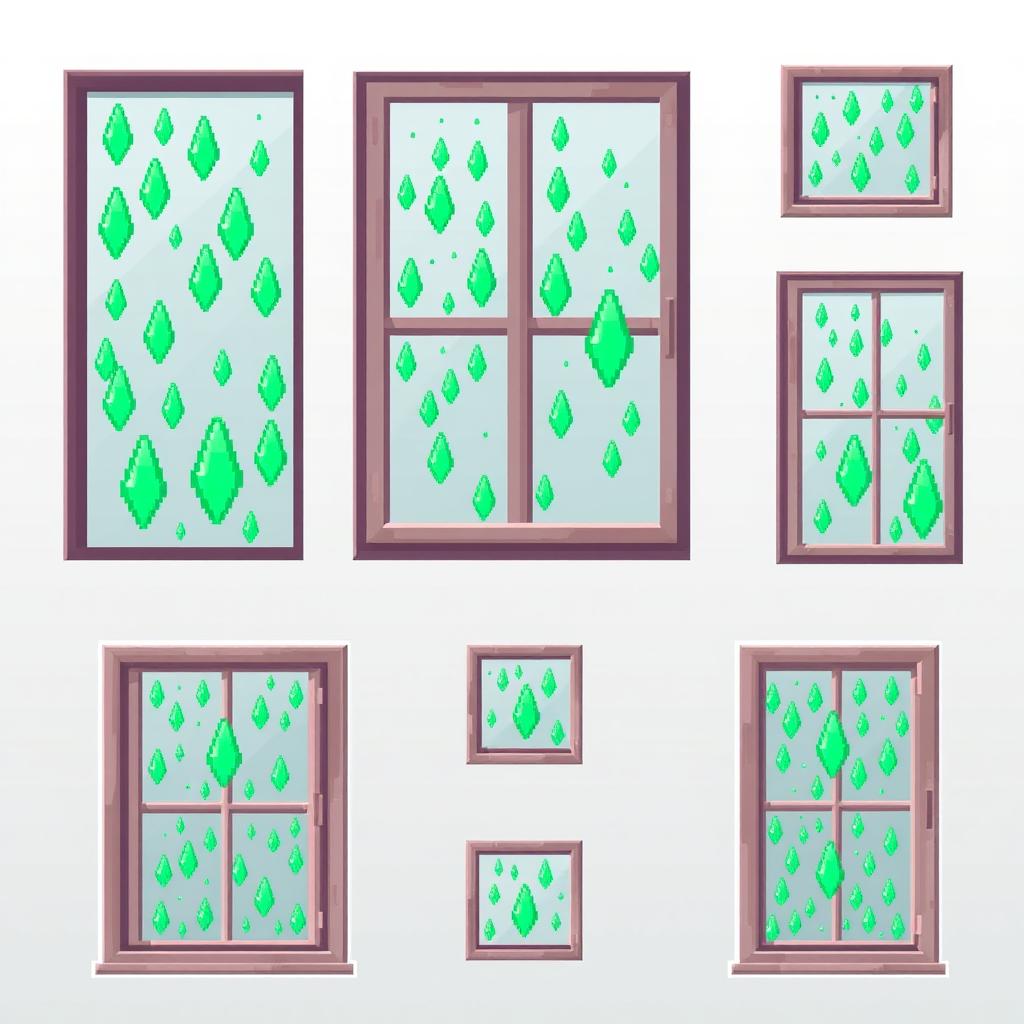 A pixel art spritesheet featuring a window with raindrops that look like green diamonds