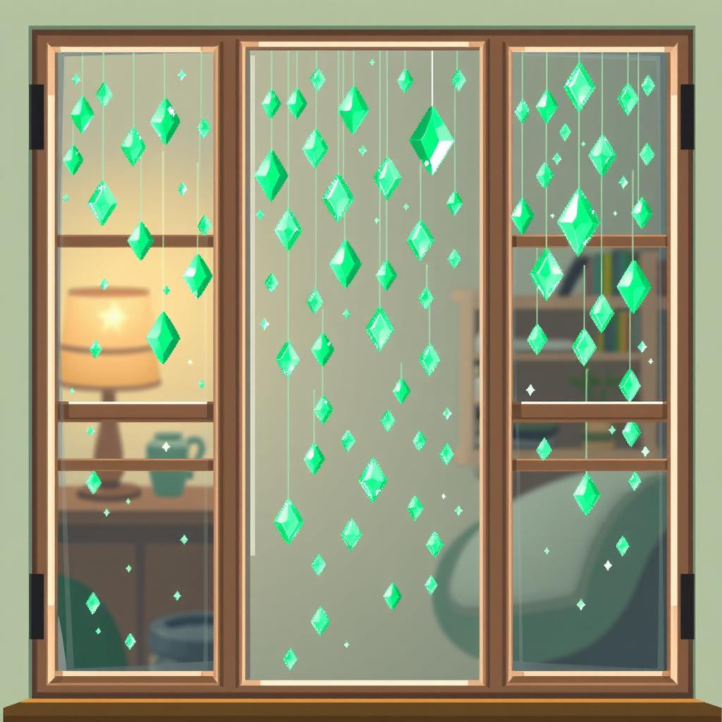 A pixel art spritesheet featuring a window with rain made of sparkling green diamonds