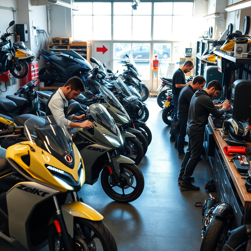 A bustling workshop filled with electric self-propelled motorbikes