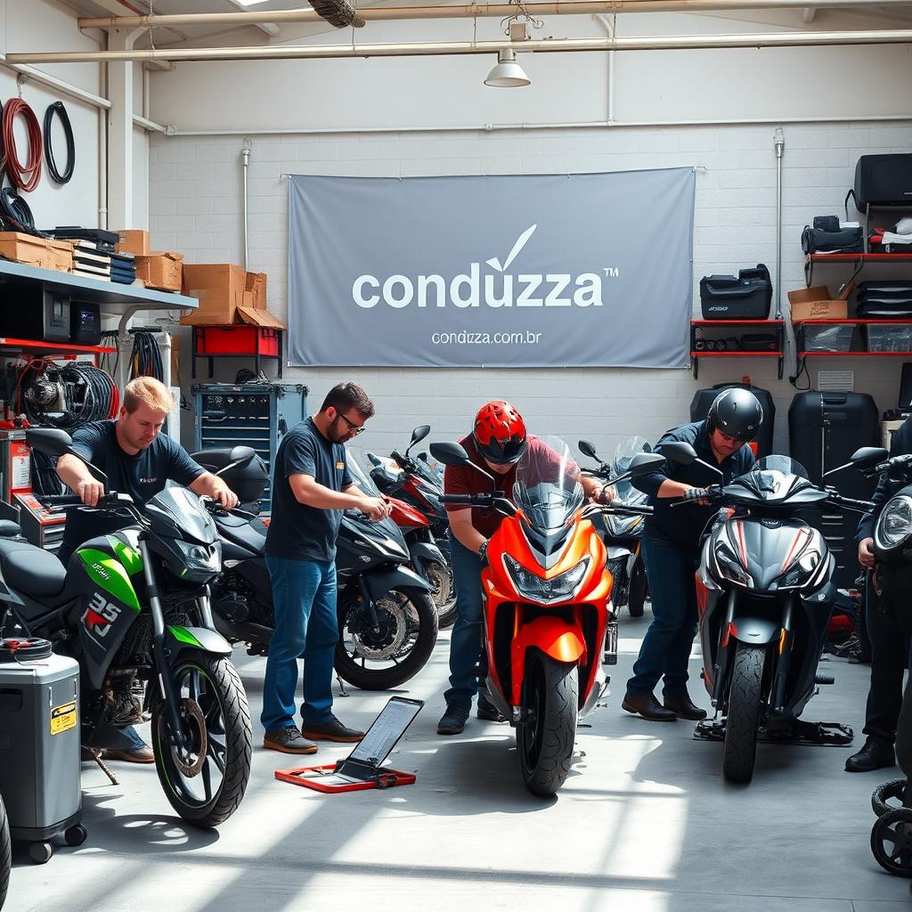 A vibrant workshop scene featuring electric self-propelled motorcycles, showcasing their modern designs and technology