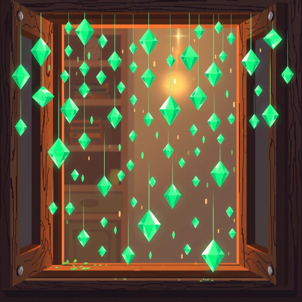 A pixel art spritesheet depicting a window with rainfall of sparkling green diamonds