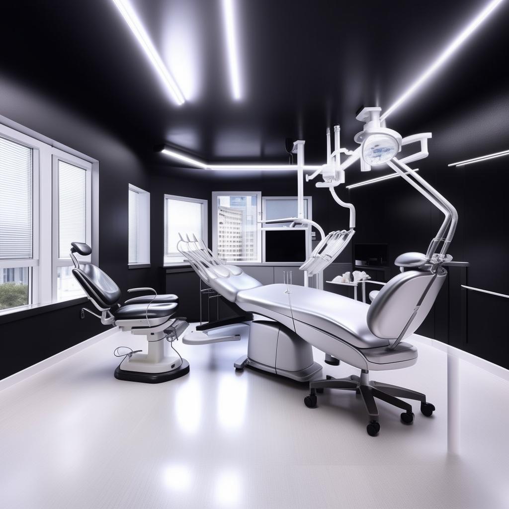 A chic dental unit showcasing a dazzling silver dental chair, gleaming white floor, and contrasting black walls. The space exudes a modern and professional vibe and is equipped with the latest in dental technology.