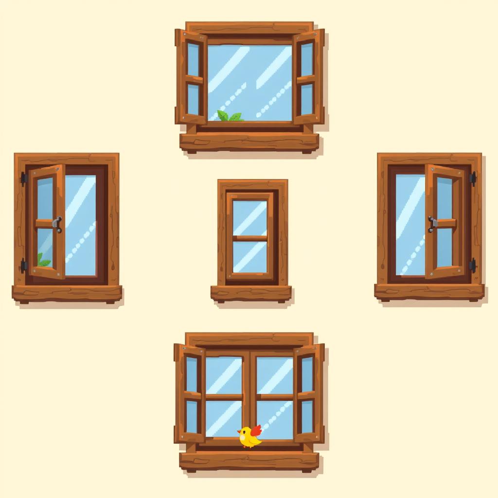 A wooden window in pixel art style, depicted from multiple angles to create a spritesheet