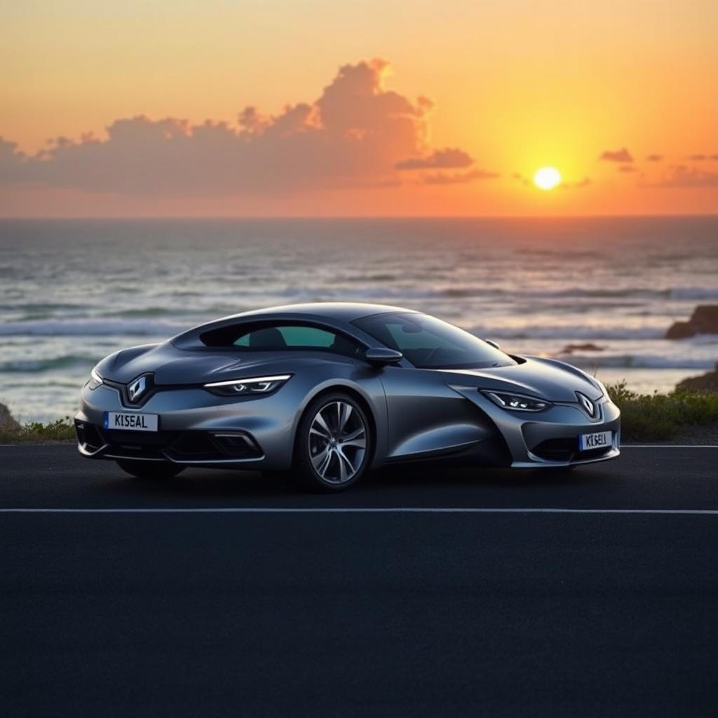 A sleek, stylish Renault Laguna 3 coupe parked on a scenic coastal road during sunset