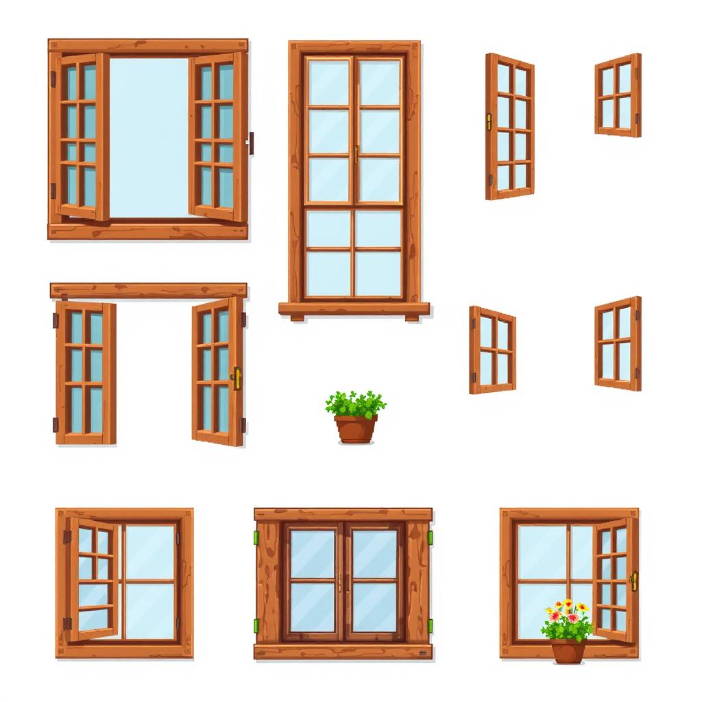 A collection of pixel art sprites depicting a wooden window, showcasing various states such as open, closed, and with a flower pot on the sill