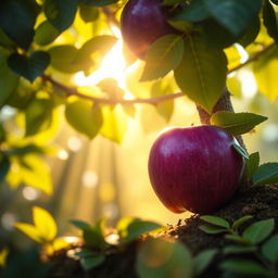 A surreal scene featuring a purple apple leaning against a lush green tree, with rays of golden sunlight filtering through the branches and leaves, casting a warm glow on the vibrant apple