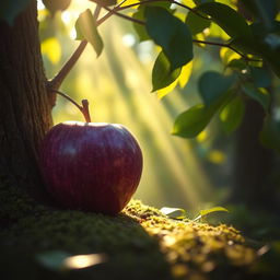 A surreal scene featuring a purple apple leaning against a lush green tree, with rays of golden sunlight filtering through the branches and leaves, casting a warm glow on the vibrant apple