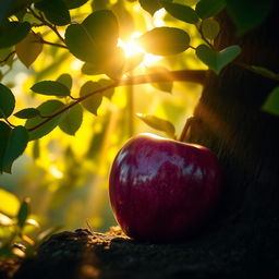A surreal scene featuring a purple apple leaning against a lush green tree, with rays of golden sunlight filtering through the branches and leaves, casting a warm glow on the vibrant apple