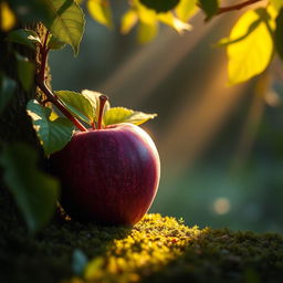 A surreal scene featuring a purple apple leaning against a lush green tree, with rays of golden sunlight filtering through the branches and leaves, casting a warm glow on the vibrant apple