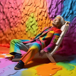 A 50-year-old Asian male model, adorned in full rainbow conceptwear, reclining gracefully atop a canvas painted with vibrant splashes of colour.