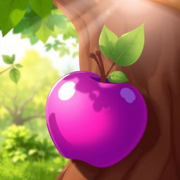 A whimsical 2D art style illustration featuring a vibrant purple apple leaning against a tree trunk