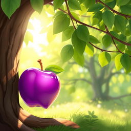 A whimsical 2D art style illustration featuring a vibrant purple apple leaning against a tree trunk