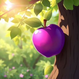 A whimsical 2D art style illustration featuring a vibrant purple apple leaning against a tree trunk