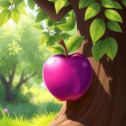 A whimsical 2D art style illustration featuring a vibrant purple apple leaning against a tree trunk