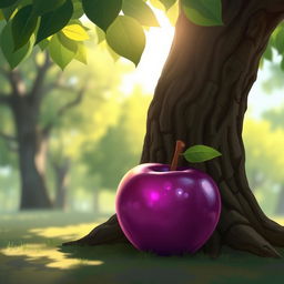 A vibrant 2D artwork depicting a purple apple leaning against a textured tree trunk, dappled sunlight filtering through lush green leaves above