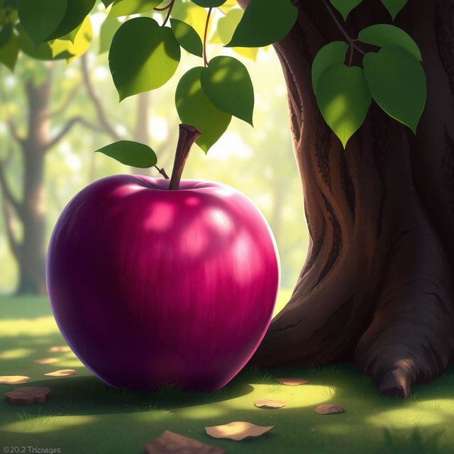 A vibrant 2D artwork depicting a purple apple leaning against a textured tree trunk, dappled sunlight filtering through lush green leaves above