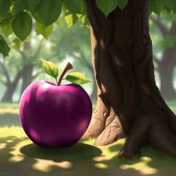 A vibrant 2D artwork depicting a purple apple leaning against a textured tree trunk, dappled sunlight filtering through lush green leaves above