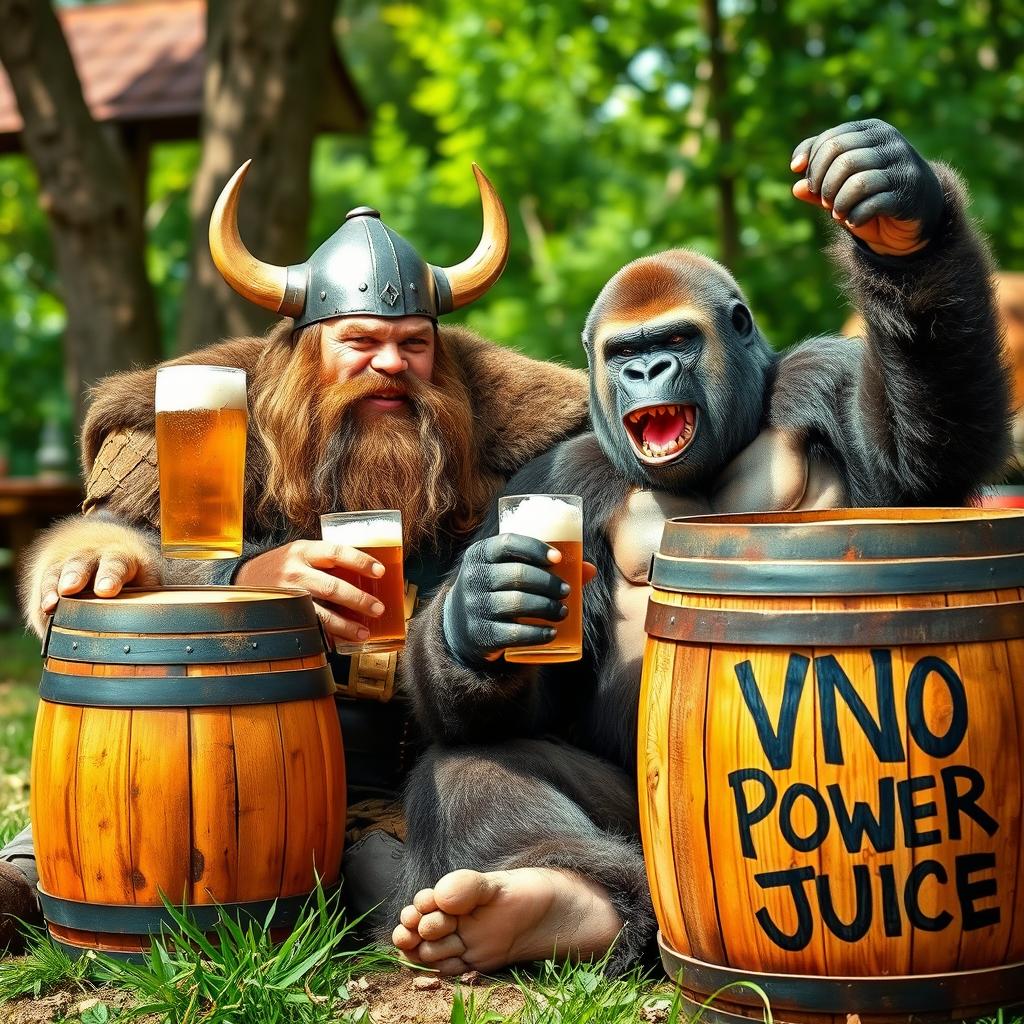 A Viking and a gorilla sitting together and enjoying beers in a lively outdoor setting, surrounded by nature