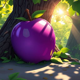 A vibrant 2D art style band cover featuring a large, purple apple leaning against a tree