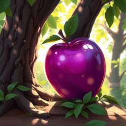 A vibrant 2D art style band cover featuring a large, purple apple leaning against a tree