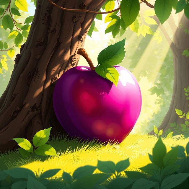 A vibrant 2D art style band cover featuring a large, purple apple leaning against a tree