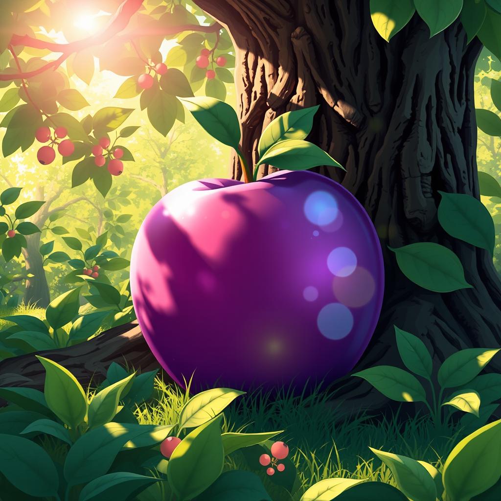 A vibrant 2D art style band cover featuring a large, purple apple leaning against a tree