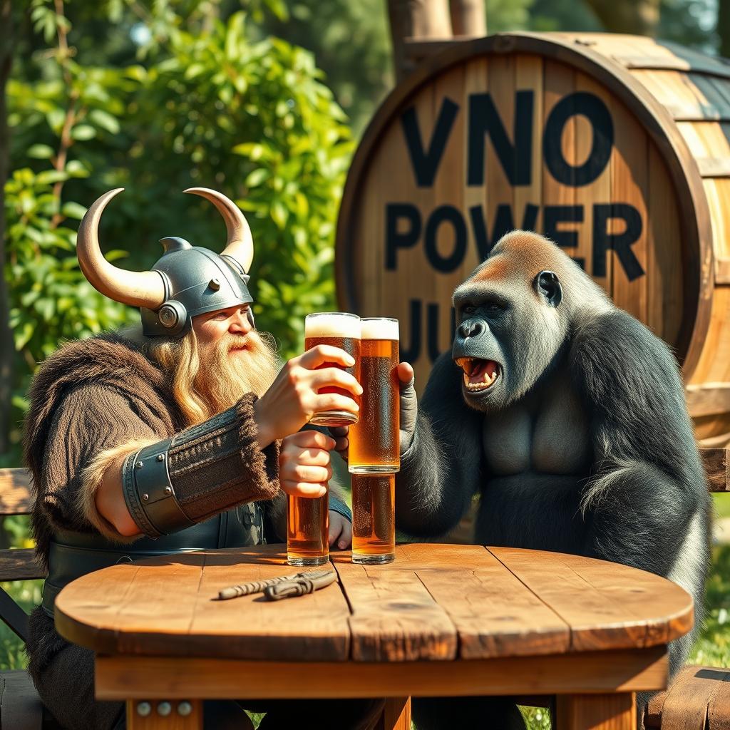 A Viking and a gorilla happily drinking beer together, sitting at a rustic wooden table outdoors