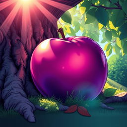 A vivid band cover illustration featuring a large, purple apple resting against the textured bark of a tree