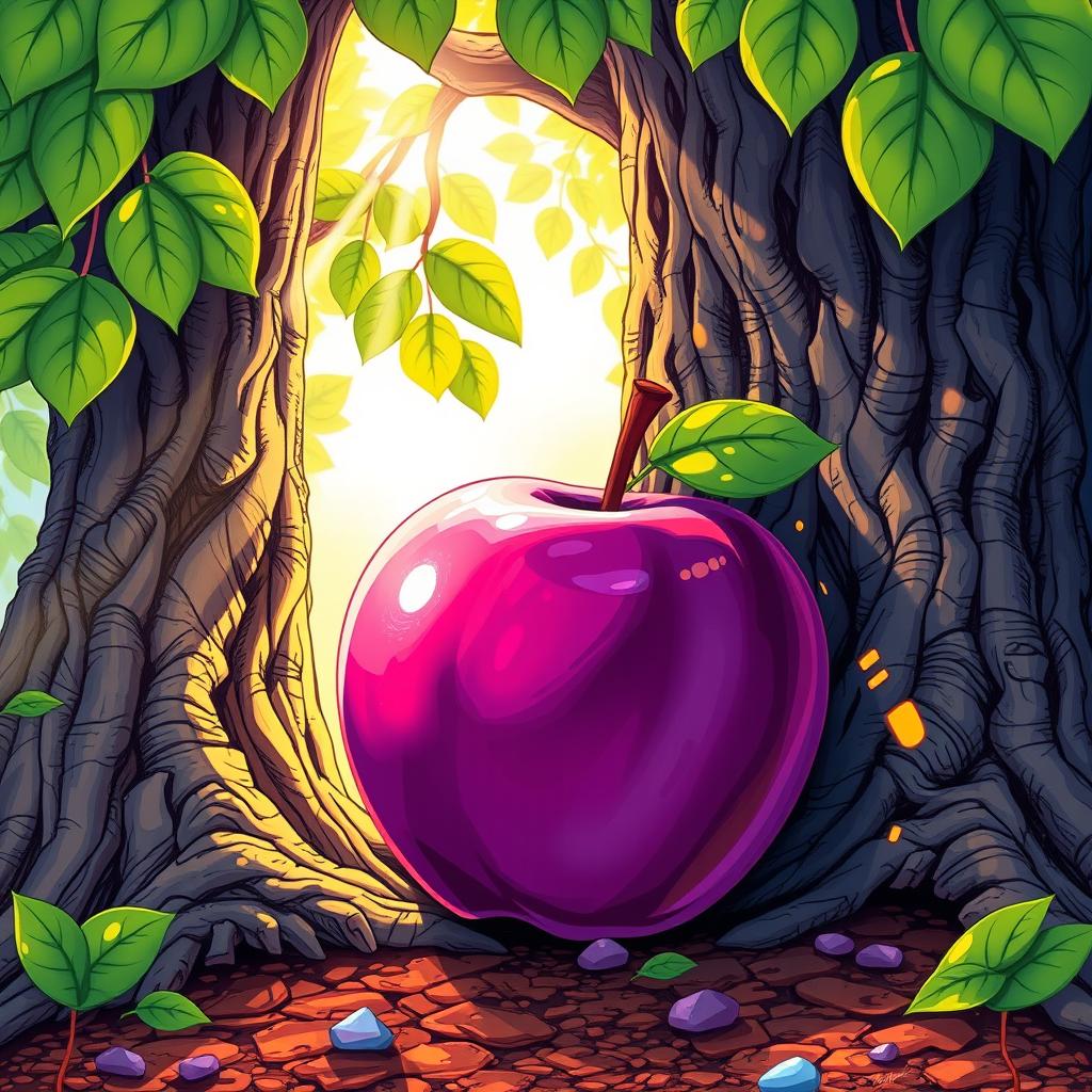 A vivid band cover illustration featuring a large, purple apple resting against the textured bark of a tree