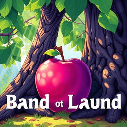 A vivid band cover illustration featuring a large, purple apple resting against the textured bark of a tree