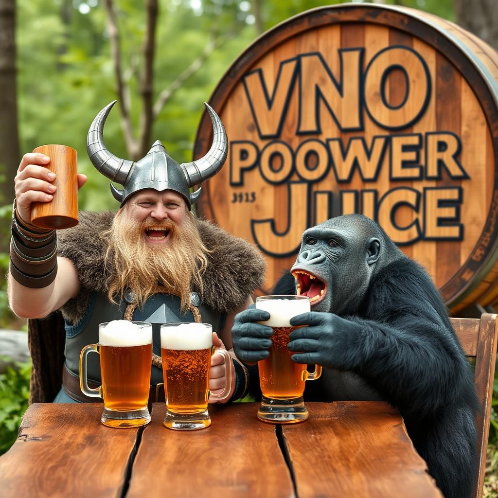 A lively scene featuring a Viking and a gorilla cheerfully drinking beer together