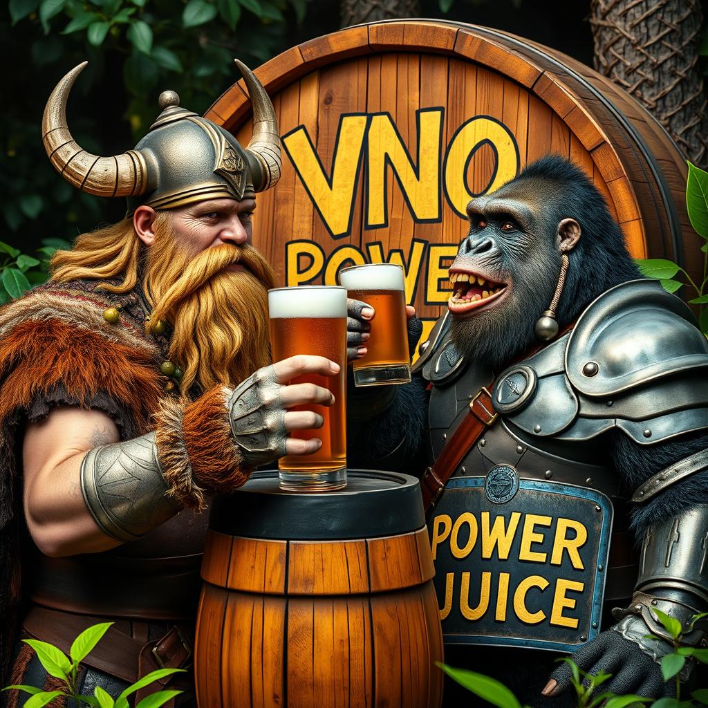 A Viking and a gorilla, both dressed in intricate armor, sharing a moment of camaraderie while drinking beer together